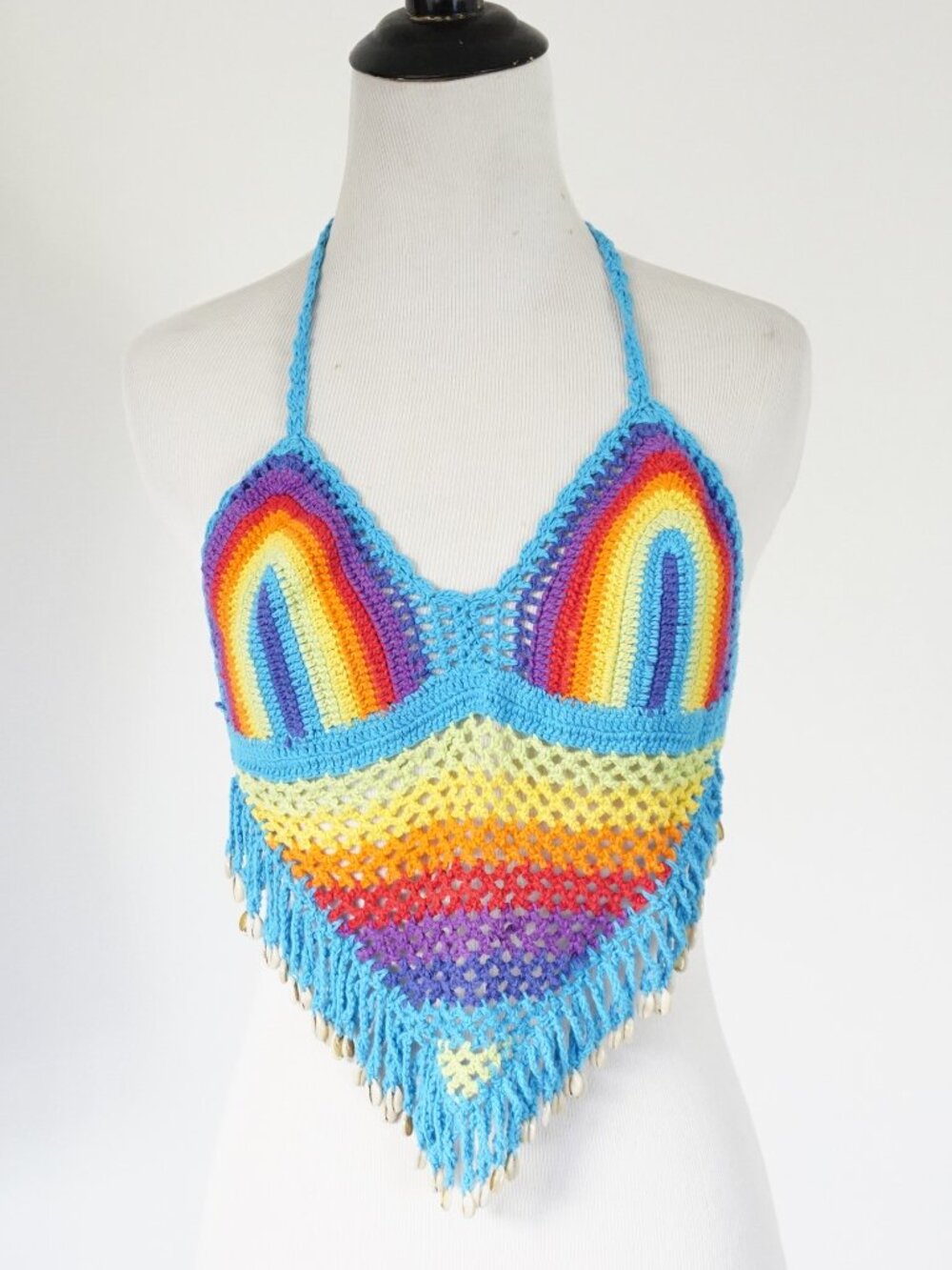 Rainbow Crochet Knit Crop Halter Tropical Top S